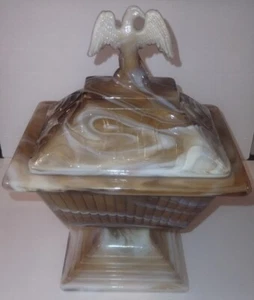Imperial Caramel Slag Sq Covered Pedestal Candy Dish Eagle Lid See Description - Picture 1 of 8