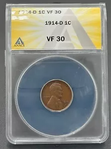 1914 D Wheat Cent in ANACS VF 30 Brown, Key Date, Low Mintage Coin, Problem Free - Picture 1 of 5