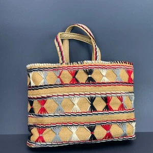 VTG 70s Handmade Tote Bag Burlap Multicolored Geometric Yarn Embroidered Hippie - Picture 1 of 6
