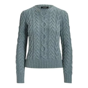$359 Lauren Ralph Lauren Aran Knit Wool Cashmere Sweater Green Small Petite - Picture 1 of 7