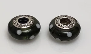 Set of 2 Pandora Sterling Silver Black & White Dots Murano Glass Charms 790603 - Picture 1 of 4