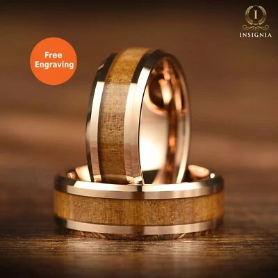 WOODEN WEDDING / PROMISE BAND FOR MEN ROSE GOLD – WHISKEY BARREL WOOD & TUNGSTEN - Image 1 of 4