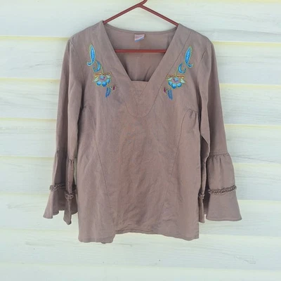 油性女式喇叭袖刺绣亚麻混纺米色 38 M 波西米亚可持续  — 第 1/4 张图片