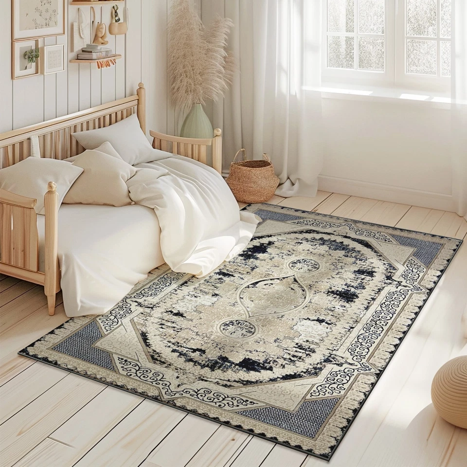 Modern Vintage Boho Area Rug Shiny High Low Pile Transitional Rug Living Room - Image 1 of 4