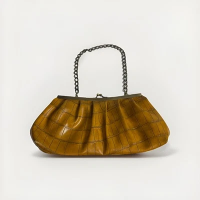 Vintage Tommy Hilfiger Mustard Yellow Faux Croc Embossed Leather Clutch W/Brass - Image 1 of 4