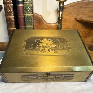 Grammes Etch Art Brass Chest Jewelry Valet Box Nautical Tall Ship Pirate Sea - Picture 1 of 12