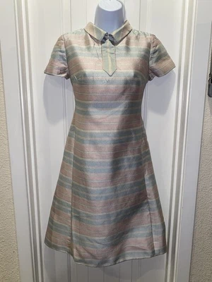 Vintage 1950s Short-Sleeve Collard Pastel Striped Dress  - Image 1 of 4