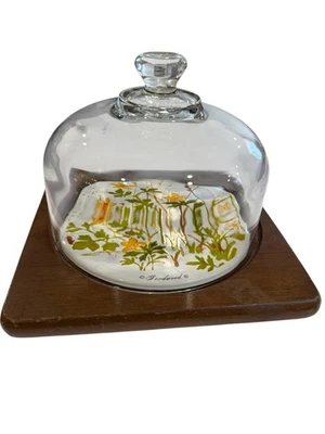 Vintage Goodwood Teak with Glass Dome Cloche Cheese Cracker Tray Board Daffodil - Image 1 of 4