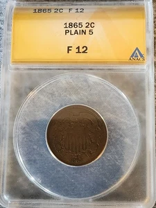 1865 Two Cent Piece 2c ANACS F12 - Plain 5 - Picture 1 of 2