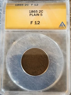 1865 Two Cent Piece 2c ANACS F12 - Plain 5 - Image 1 of 2