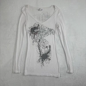 Vintage Y2K Styles weiß gerippt Love & Peace Farbe Grunge V-Ausschnitt Shirt Damen L - Bild 1 von 9