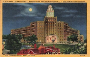 HOT SPRINGS NATIONAL PARK AR ARMY NAVY HOSPITAL AT NIGHT 1933 POSTCARD 090325 U - Picture 1 of 2