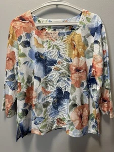Alfred Dunner Petite XL Top Nature Print Multicolor Top W/ Grommets & Lace - Picture 1 of 9