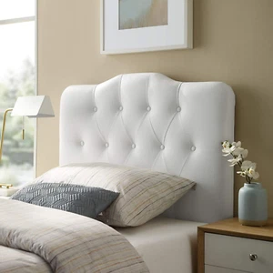 Annabel Tufted Button Faux Leather Upholstered Twin Headboard in White - Picture 1 of 7