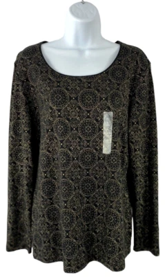 Karen Scott Black/Gold Brocade LS Cotton Blend Dressy Pullover Top Shirt Size L - Image 1 of 4