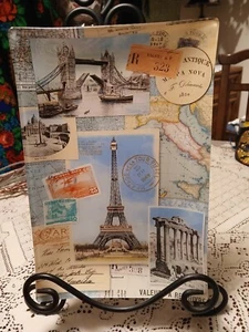 Plato contorno de vidrio plato "postales" diseño decoupage look 10 pulgadas x 6 3/4 pulgadas. - Imagen 1 de 4