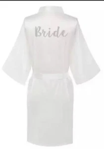 bride sz s/8-10 white satin robe gown silver writing bnwot - Picture 1 of 1