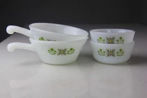 Set of 4 Anchor Hocking Fire King Green Meadow Glass Soup Bowls & Custard Bowls - Picture 1 of 20