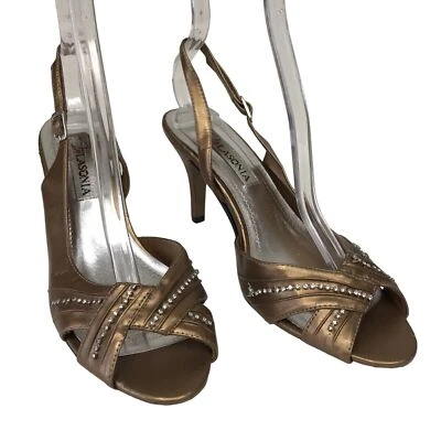 Lasonia Heel Womens 8 1/2 Bronze Rhinestone Open Toe Sling Back - Image 1 of 4