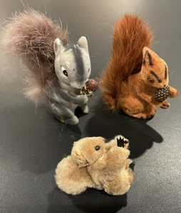 Vintage Chipmunk Figurines Furry Tails Flocked Felted Squirrel Germany - Picture 1 of 9