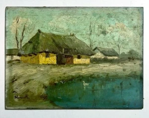 Antique Signed Hungarian Oil Painting, HORVATH, Houses on the Pond, 30 x 40 cm - Picture 1 of 10