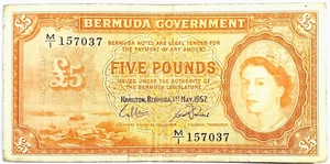 BERMUDA £5 POUNDS (1957 RARE SCARE) QUEEN ELIZABETH II BANKNOTE ~ PICK #21C - Picture 1 of 6