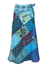 Boho Gypsy BLUE Cotton Wrap Skirt Patchwork Printed Cover Up Sarong Dress  