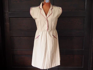 VTG 80s 90s Sears Beige Pintuck Piping Pockets Flight Attendant Midi Dress 10P - Picture 1 of 7