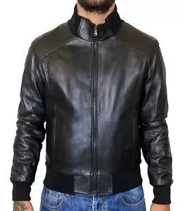 Giubbotto Bomber da Uomo in Vera Pelle Nero Giacca Slim Giubbino VIETRI LEATHER - Imagen 1 de 10