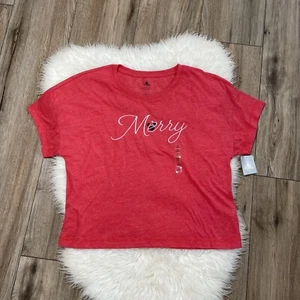 T-shirt rossa nuova con etichette Disney Merry Santa Minnie Head taglia media - Foto 1 di 12