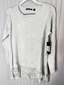 Cyrus Sweater Womens 1X Gray Silver Heather Lace Tunic Knit Crocheted Hem NEW - Picture 1 of 12