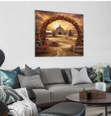 Vintage Farmhouse Country Christmas Holiday Canvas Print Snow Trees 16 x 16 NEW - Image 1 of 3