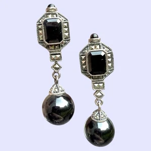 Vintage Judith Jack Art Deco Sterling 925 Ohrhänger Onyx & quadratischer Markasit - Bild 1 von 7