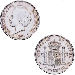 *GUTSE*749-ALFONSO XIII, 5 PESETAS 1892*18-92, LIMPIADA, TIPO "RIZOS", EBC. - Picture 1 of 3