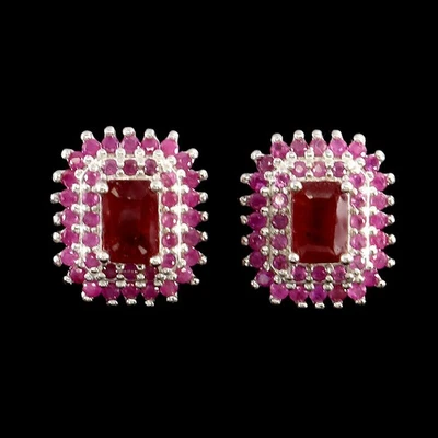 925 Sterling Silver Earrings Octagon Ruby 6x4mm Ruby Diamond Cut Gemstone - Image 1 of 4