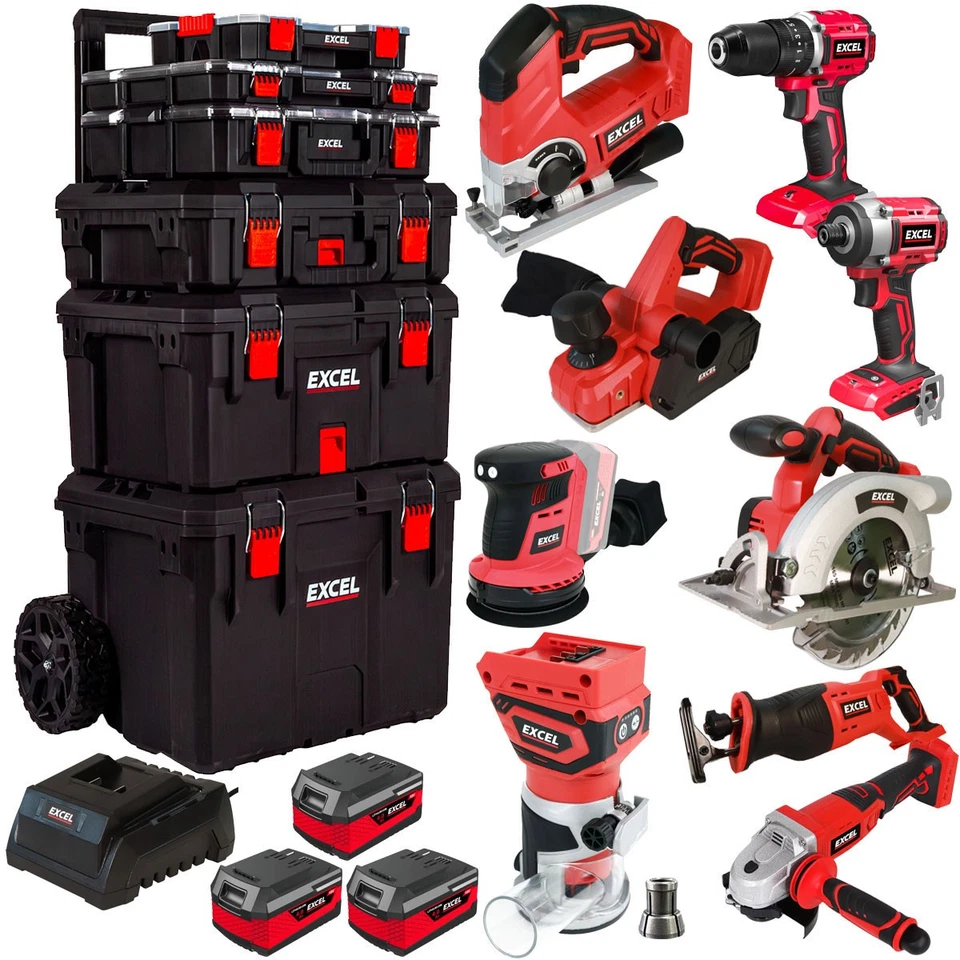 Excel 18V 9 Piece Power Tool Kit 3 x 4.0Ah Batteries & Charger & Trolley Toolbox