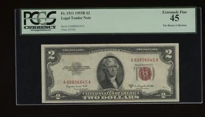 DBR 1953-B $2 Legal Fr. 1511 PCGS 45 Serial A68806645A - Image 1 of 2