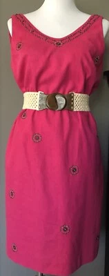 Sag Harbor Linen Blend Dress Womens 8 Pink Floral Beads Barbie Classic Party - Image 1 of 4