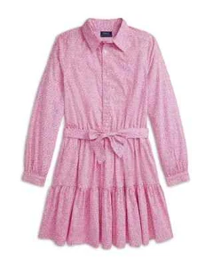 Polo Ralph Lauren Floral Tiered Poplin Shirt Dress Girls' 6X Pink Multi Belted - Picture 1 of 19