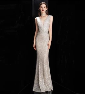 Womens Pretty Deep V Sequin Sleeveless Mermaid Evening Dress Cocktail Prom DID - Picture 1 of 12