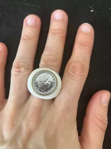 VINTAGE HUGE MILOR 14K WHITE JADE ITALY SILVER COIN RING *14.5 gm* - Picture 1 of 5