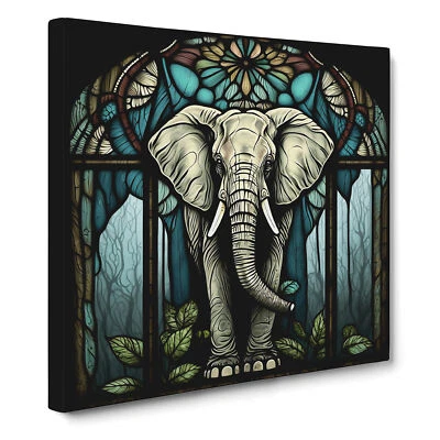 Elephant Stained Glass Effect Canvas Wall Art Print Framed Picture Home Decor - Image 1 of 4