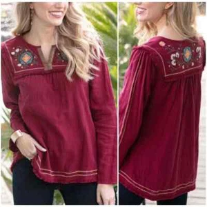 NWT Grace & Lace Elena Woven Burgundy Embroidered Top Size Medium - Picture 1 of 10