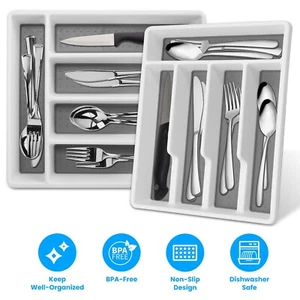 2Pcs Silverware Organizer Utensil Flatware Kitchen Drawer Cutlery Storage Tray - Picture 1 of 12