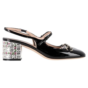 Gucci décolleté con tacco a blocco in cristallo Horsebit in vernice nera - Foto 1 di 7