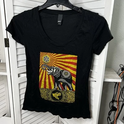 OBEY Elephant T Shirt Women's Sm Black Yellow Red Rising Sun Peace Dove y2K EUC! - Image 1 of 4