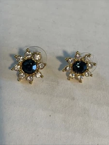 Vintage Ohrstecker blau Strass Starburst goldfarben Strass durchbohrt - Bild 1 von 5