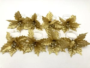 Vera Neumann Napkin Rings Gold Poinsettia Set Of 8 Vintage Christmas Table HTF - Picture 1 of 8