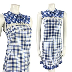 VINTAGE 60ER 70ER MOD COTTAGE MARINEBLAU WEISS KARIERT SPITZE RÜSCHEN ETUIKLEID MINIKLEID 12 - Bild 1 von 13