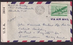Nov 1942 WWII censor 2614 cover Honolulu Hawaii to Baltimore - Bild 1 von 2
